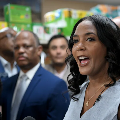 Keisha Lance Bottoms, the Democratic nominee for governor, speaks during a news conference on Wednesday unveiling a proposal to suspend sales taxes on groceries at Al Huda Grocery in Lawrenceville. (Hyosub Shin/AJC)