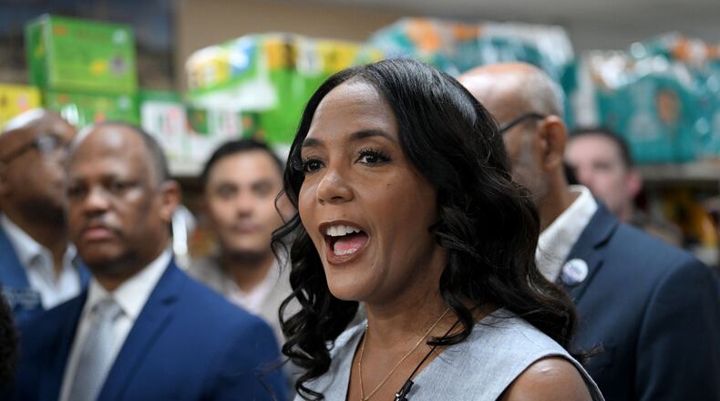 Keisha Lance Bottoms, the Democratic nominee for governor, speaks during a news conference on Wednesday unveiling a proposal to suspend sales taxes on groceries at Al Huda Grocery in Lawrenceville. (Hyosub Shin/AJC)