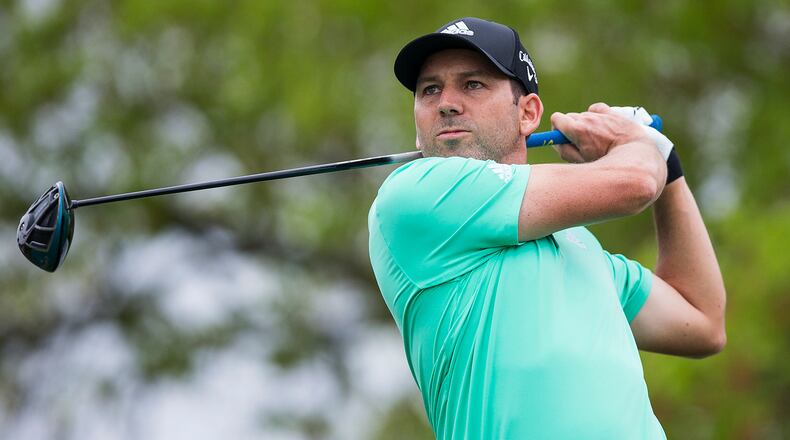 Sergio Garcia of Spain hits his tee shot during the round of 16 play at the Dell Technologies Match Play golf tournament in Austin, Texas, on Saturday, March 24, 2018. NICK WAGNER / AMERICAN-STATESMAN