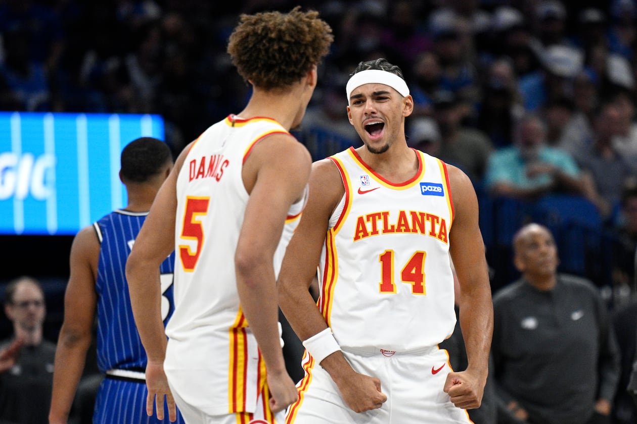 Atlanta Hawks forward Asa Newell scored his first NBA regular-season basket on Friday in a 111-107 win over the Orlando Magic. (Phelan M. Ebenhack/AP)
