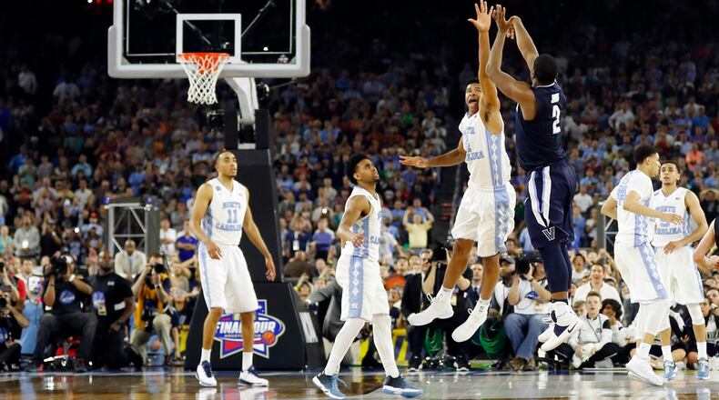 Villanova’s Kris Jenkins makes the game-winning 3-point shot against North Carolina in the 2016 NCAA tournament championship game in Houston. (AP Photo/David J. Phillip, File)
