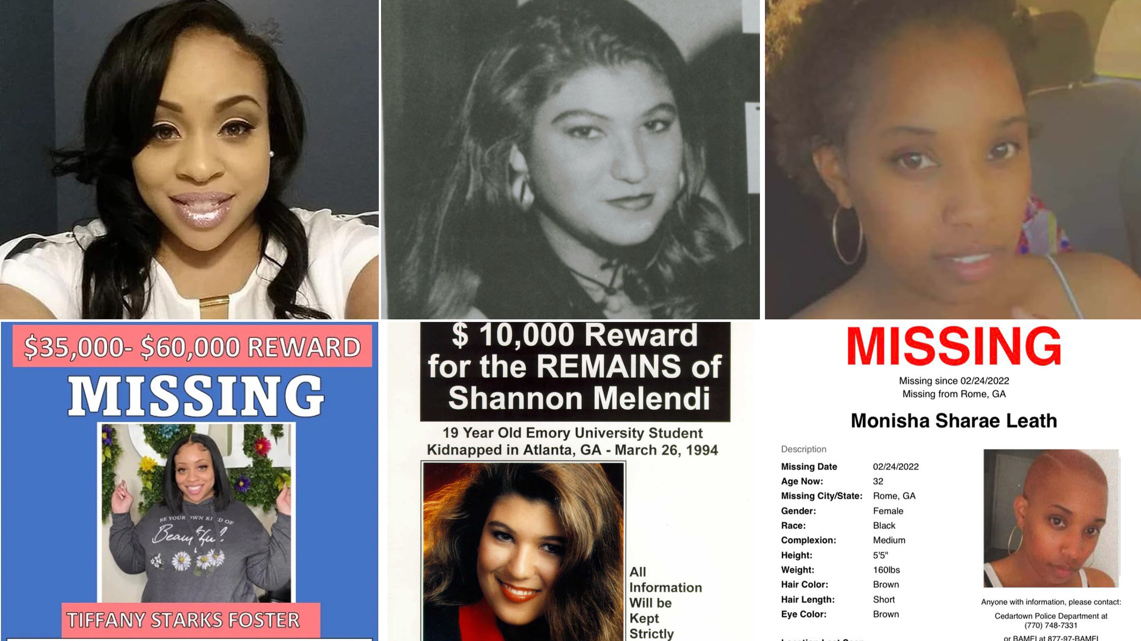 Tiffany Foster (from left), Shannon Melendi and Monisha Sharae Leath were missing and their bodies were never found. However, their killers were still convicted of murder. (AJC file and handouts)