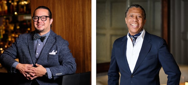 Two square headshot photos next to each other. On the left, a man with slicked back hair and glasses wearing a bowtie and jacket stands with his fingers intertwined; on the right, a man stands in a jacket and white shirt, wearing an ascot.