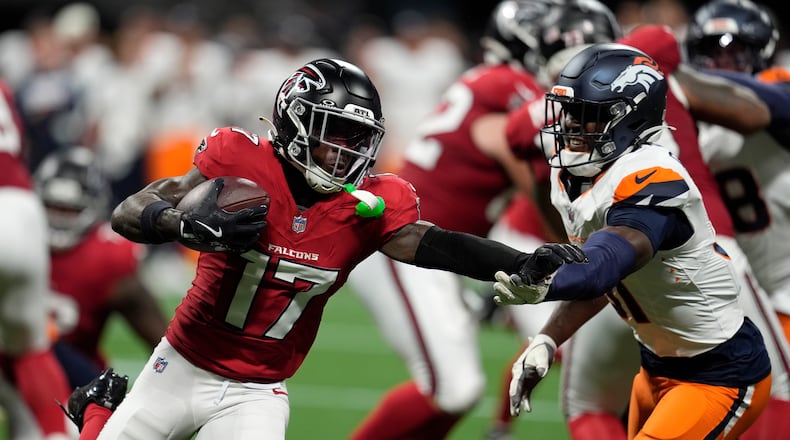 Atlanta Falcons wide receiver Zachariah Branch (left) runs against Denver Broncos linebacker Que Robinson during the first half of a preseason NFL football game, Friday, Aug. 14, 2026, in Atlanta. (Mike Stewart/AP)