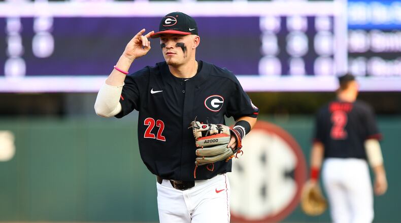 Georgia infielder Aaron Schunk (22) celebrates two outs during an NCAA regional game against Florida State Saturday, June 1, 2019, in Athens.
