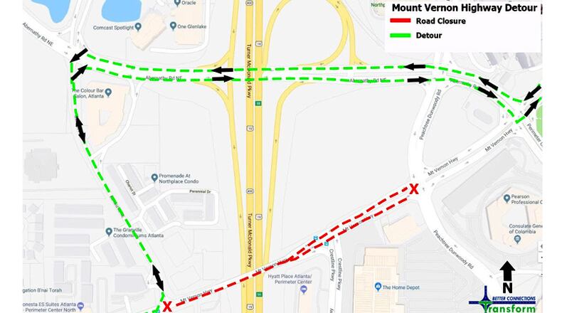 Map depicts the recommended detour around the Mount Vernon Highway bridge at Ga. 400 in Sandy Springs; the bridge is to be closed during the overnight hours through Friday, April 5. GEORGIA DEPARTMENT OF TRANSPORTATION