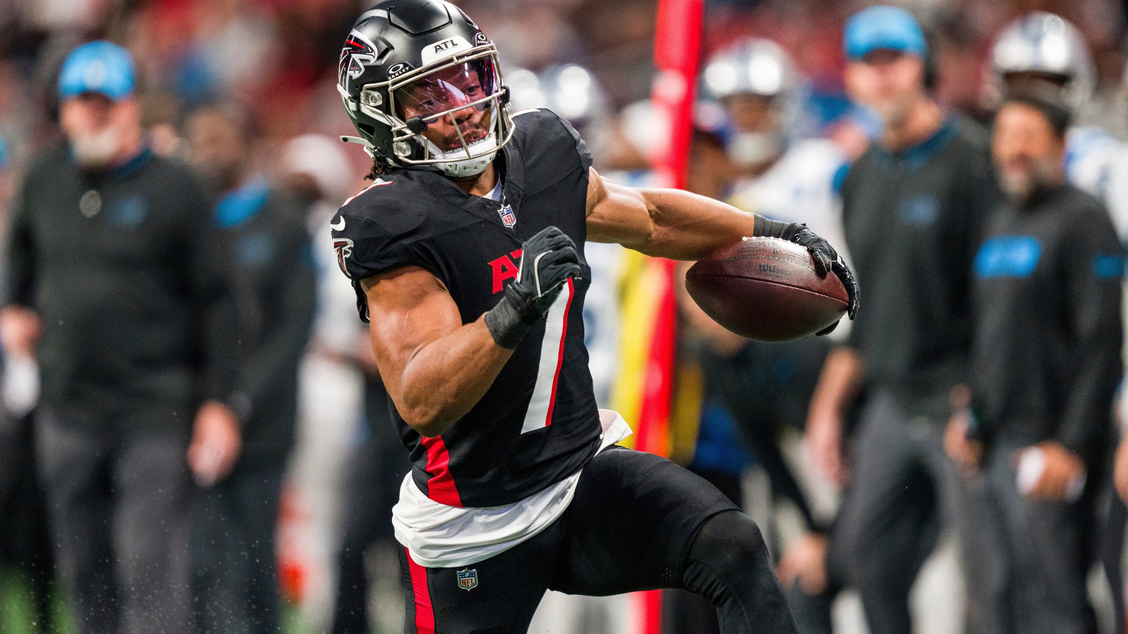 Falcons running back Bijan Robinson rushed for a career-high 170 yards in the season finale against the Panthers in January, putting him at 1,456 rushing yards for the season. (Danny Karnik/AP 2025)