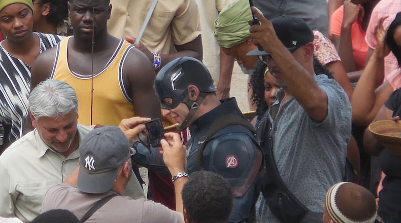 Chris Evans gets ready for a "Captain America: Civil War" scene filmed in downtown Atlanta. PHOTO: Jennifer Brett, jbrett@ajc.com
