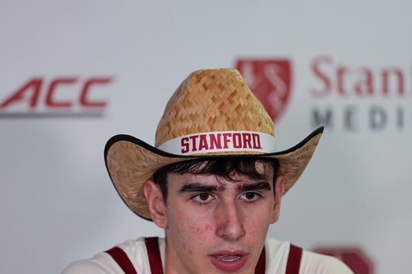 FILE - Stanford forward Maxime Raynaud talks to reporters during a press conference, following the team's victory over California in an NCAA college basketball game, on Feb. 22, 2025, in Stanford, Calif. (AP Photo/Godofredo A. Vásquez, File)