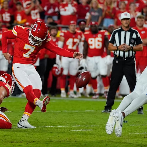 Kansas City Chiefs place kicker Harrison Butker makes a field goal to defeat the Indianapolis Colts in overtime of an NFL football game Sunday, Sept. 20, 2026, in Kansas City, Mo. (AP Photo/Charlie Riedel)