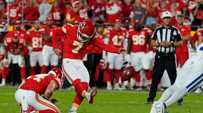 Kansas City Chiefs place kicker Harrison Butker makes a field goal to defeat the Indianapolis Colts in overtime of an NFL football game Sunday, Sept. 20, 2026, in Kansas City, Mo. (AP Photo/Charlie Riedel)