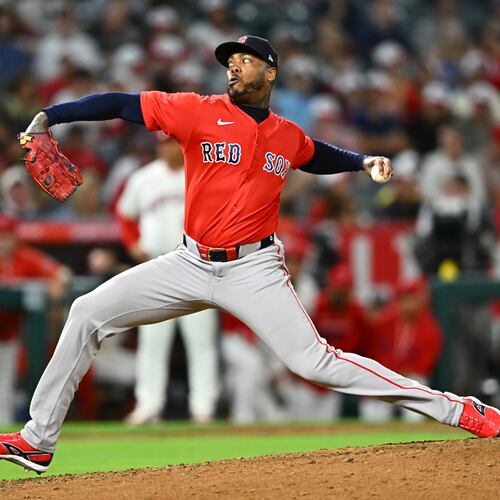 Boston Red Sox pitcher Aroldis Chapman delivers during the ninth inning of a baseball game against the Los Angeles Angels, Friday, July 3, 2026, in Anaheim, Calif. (AP Photo/William Liang)