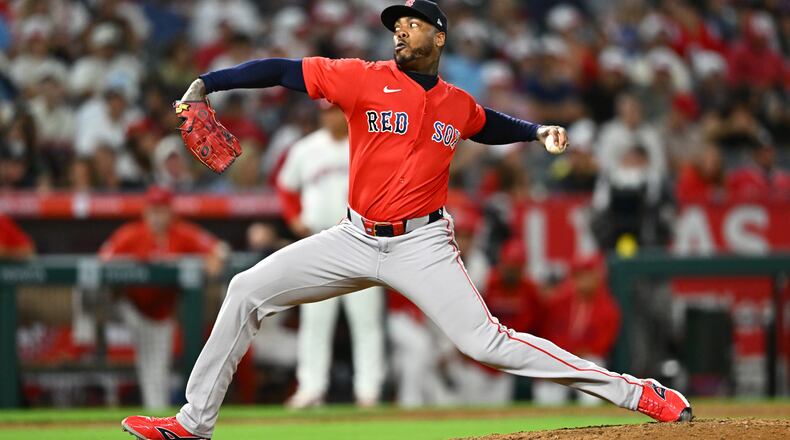 Boston Red Sox pitcher Aroldis Chapman delivers during the ninth inning of a baseball game against the Los Angeles Angels, Friday, July 3, 2026, in Anaheim, Calif. (AP Photo/William Liang)