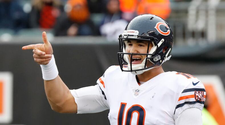 Chicago Bears quarterback Mitch Trubisky (10) reacts after he throws a touchdown pass in a 33-7 win against the Cincinnati Bengals on December 10, 2017, at Paul Brown Stadium in Cincinnati. (Jose M. Osorio/Chicago Tribune/TNS)