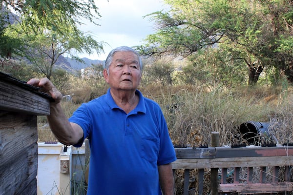 Calvin Endo stands in his backyard discussing his concerns about tall grass that grows brown during wildfire season behind his home on Saturday, July 5, 2025, in Waianae, Hawaii. (AP Photo/Jennifer Sinco Kelleher)
