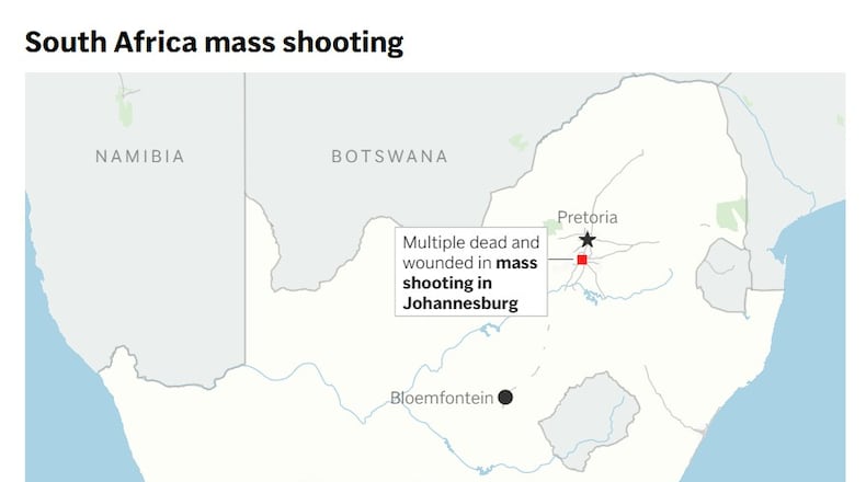 Map showing the mass shooting in Johannesburg, South Africa . (AP Digital Embed)