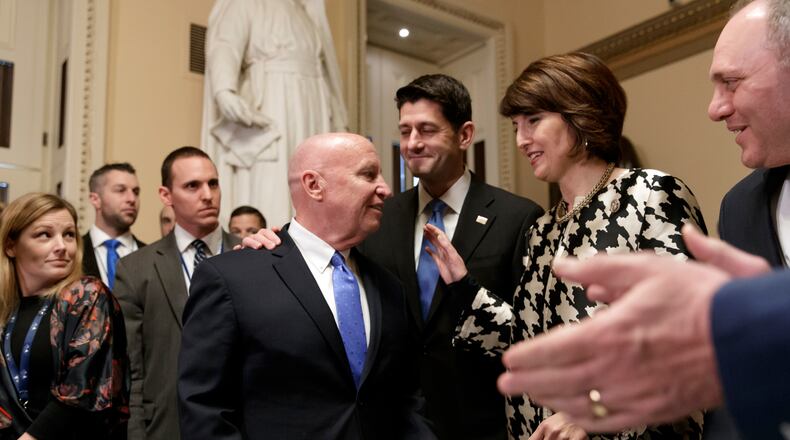 From left, House Ways and Means Committee Chairman Kevin Brady, R-Texas, Speaker of the House Paul Ryan, R-Wis., Rep. Cathy McMorris Rodgers, R-Wash., chair of the Republican Conference, and House Majority Whip Steve Scalise, R-La., arrive to speak after the House passed the GOP tax reform bill on Dec. 19, 2017. (AP Photo/J. Scott Applewhite)