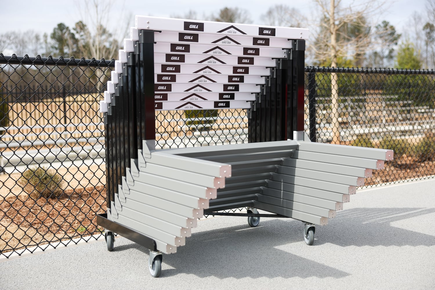 Hurdles appear at UGA’s new Spec Towns Track facility in Athens on Wednesday, Feb. 18, 2026. (Arvin Temkar/AJC)