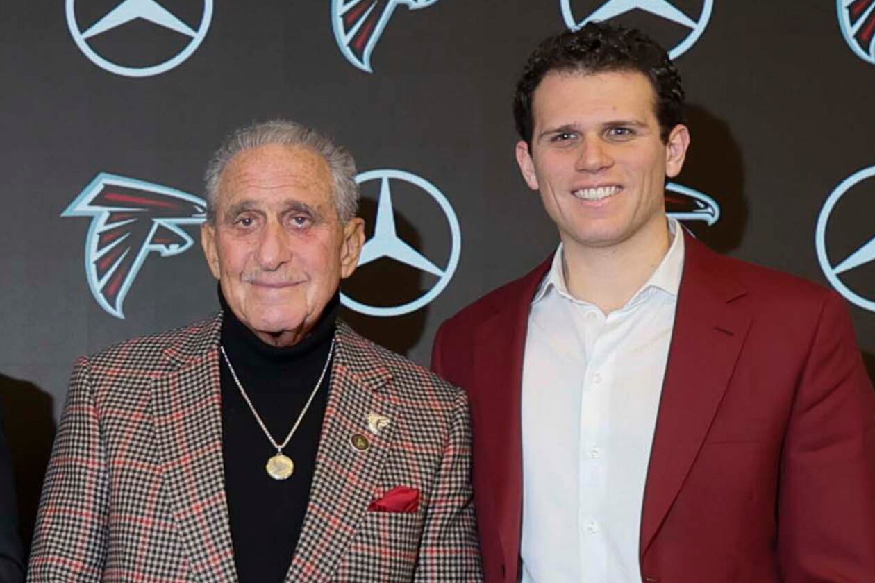 Atlanta Falcons and Atlanta United owner Arthur Blank (left) and his son, AMB Sports and Entertainment Vice President of Executive Strategy Josh Blank, attend a news conference at Mercedes-Benz Stadium on Tuesday, Jan. 27, 2026. The elder Blank was an active fan of Josh's soccer career through the youth, high school and college ranks. (Miguel Martinez/AJC)