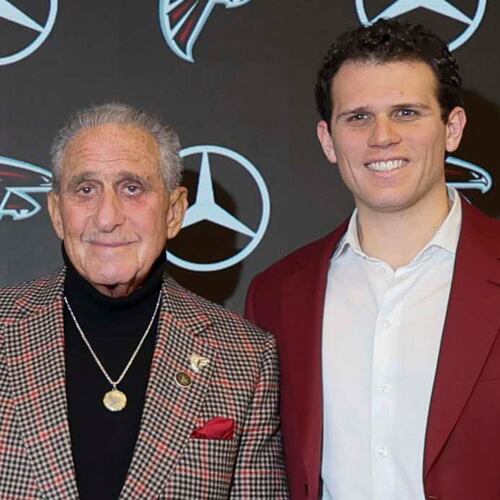 Atlanta Falcons and Atlanta United owner Arthur Blank (left) and his son, AMB Sports and Entertainment Vice President of Executive Strategy Josh Blank, attend a news conference at Mercedes-Benz Stadium on Tuesday, Jan. 27, 2026. The elder Blank was an active fan of Josh's soccer career through the youth, high school and college ranks. (Miguel Martinez/AJC)