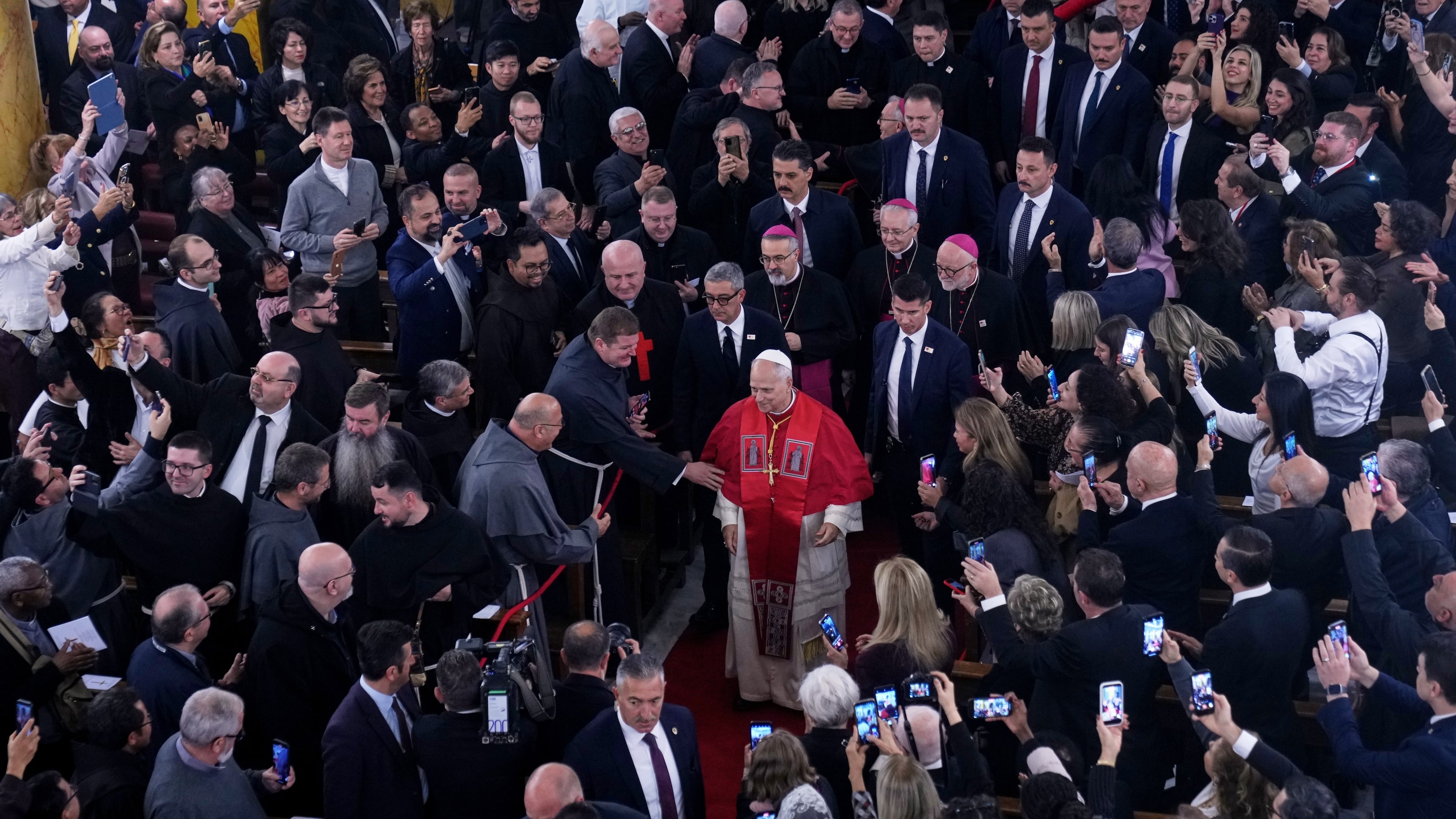 Pope Leo XIV arrives for a meeting with the clergy at the Cathedral of the Holy Spirit, in Istanbul, Turkey, Friday, Nov. 28, 2025. (AP Photo/Domenico Stinellis)