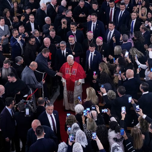 Pope Leo XIV arrives for a meeting with the clergy at the Cathedral of the Holy Spirit, in Istanbul, Turkey, Friday, Nov. 28, 2025. (AP Photo/Domenico Stinellis)