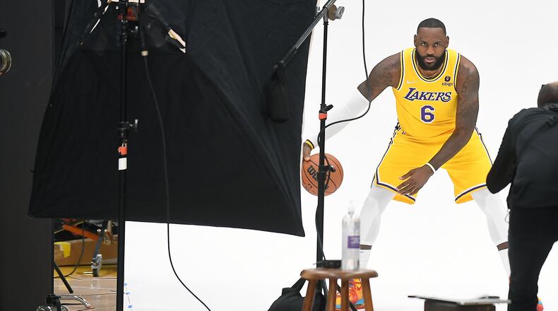 Los Angeles Lakers' LeBron James poses for pictures during media day at the UCLA Health Training Center in El Segundo, California on Tuesday, Sept. 28, 2021. (Wally Skalij/Los Angeles Times/TNS)