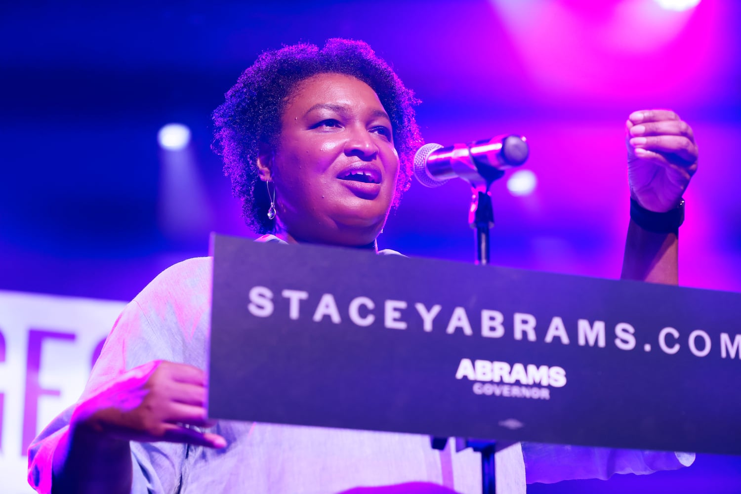 Georgia governor candidate Stacey Abrams addresses the crowd during the One Georgia Our Georgia campaign event. The event was dedicated to young scholars about the importance of voting at Terminal West on Monday, June 6, 2022. Miguel Martinez / miguel.martinezjimenez@ajc.com