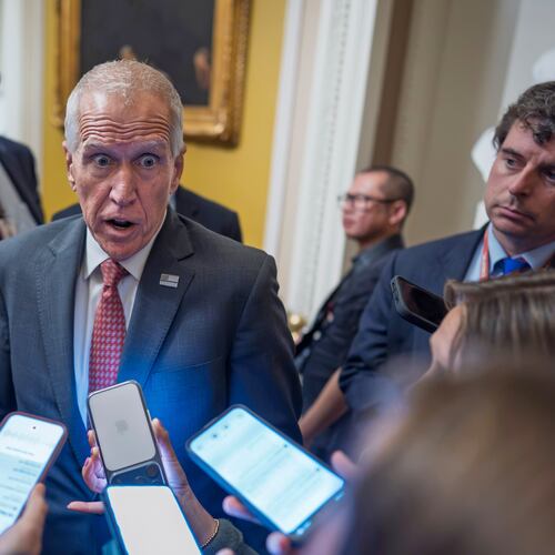 Sen. Thom Tillis, R-N.C., speaks to reporters as Republican senators arrive for a closed-door lunch at the Capitol in Washington, Tuesday, June 23, 2026, to prepare for a meeting with President Donald Trump Wednesday. (AP Photo/J. Scott Applewhite)