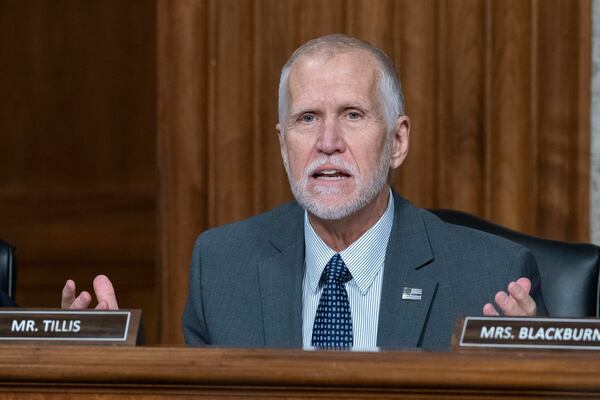FILE - Sen. Thom Tillis, R-N.C., questions Robert F. Kennedy Jr., President Donald Trump's choice to be the Secretary of Health and Human Services, as he testifies before the Senate Finance Committee during his confirmation hearing, at the Capitol in Washington, Wednesday, Jan. 29, 2025. (AP Photo/Jose Luis Magana, file)