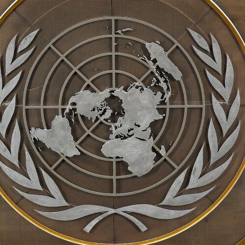 FILE - The United Nations logo is seen inside the 79th session of the United Nations General Assembly, Tuesday, Sept. 24, 2024. (AP Photo/Pamela Smith, File)