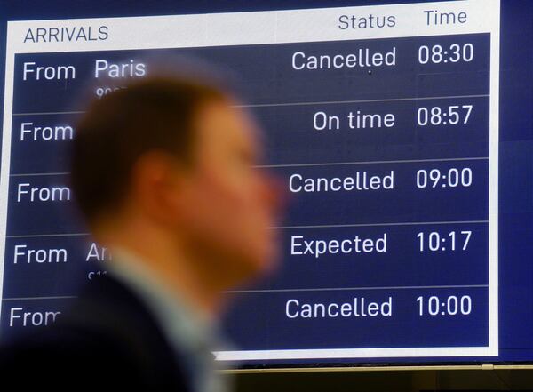 A view of a departures board at St Pancras International station in London, Friday March 7, 2025, after Eurostar trains to the capital have been halted following the discovery of an unexploded Second World War bomb near the tracks in Paris. (James Manning/PA via AP)