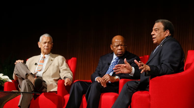 Andrew Young, left, former congressman and U.N. ambassador, Rep. John Lewis, center, D-Ga., and former NAACP chairman Julian Bond take part in the "Heroes of the Civil Rights Movement" panel during the Civil Rights Summit on Wednesday, April 9, 2014, in Austin, Texas. (AP Photo/Jack Plunkett)