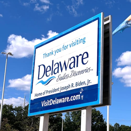 A sign greets visitors at the Biden Welcome Center in Newark, Del., Monday, Sept. 7, 2026. (AP Photo/Robert Yoon)