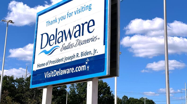 A sign greets visitors at the Biden Welcome Center in Newark, Del., Monday, Sept. 7, 2026. (AP Photo/Robert Yoon)