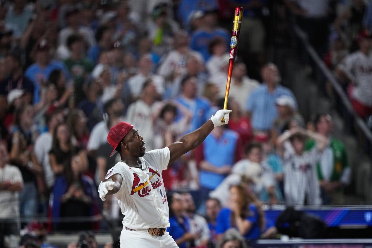 St. Louis Cardinals' Jordan Walker reacts during the MLB baseball All-Star Home Run Derby, Monday, July 13, 2026, in Philadelphia. (AP Photo/Matt Slocum)