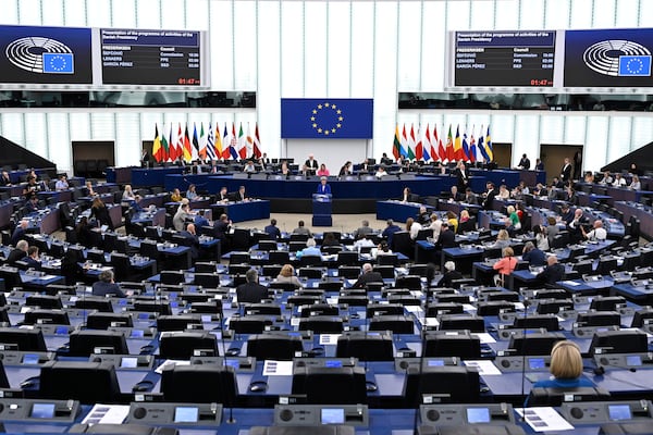 Denmark's Prime Minister Mette Frederiksen delivers her speech as Denmark holds the rotating presidency of the Council of Europe, Tuesday, July 8, 2025 at the European Parliament in Strasbourg, eastern France. (AP Photo/Pascal Bastien)