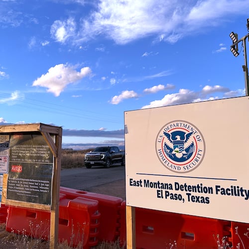 FILE - A sign marks the entrance to a series of hardened tents at the Camp East Montana immigrant detention center in the desert at a U.S. Army base on the outskirts of El Paso, Texas, Feb. 13, 2026. (AP Photo/Morgan Lee, File)