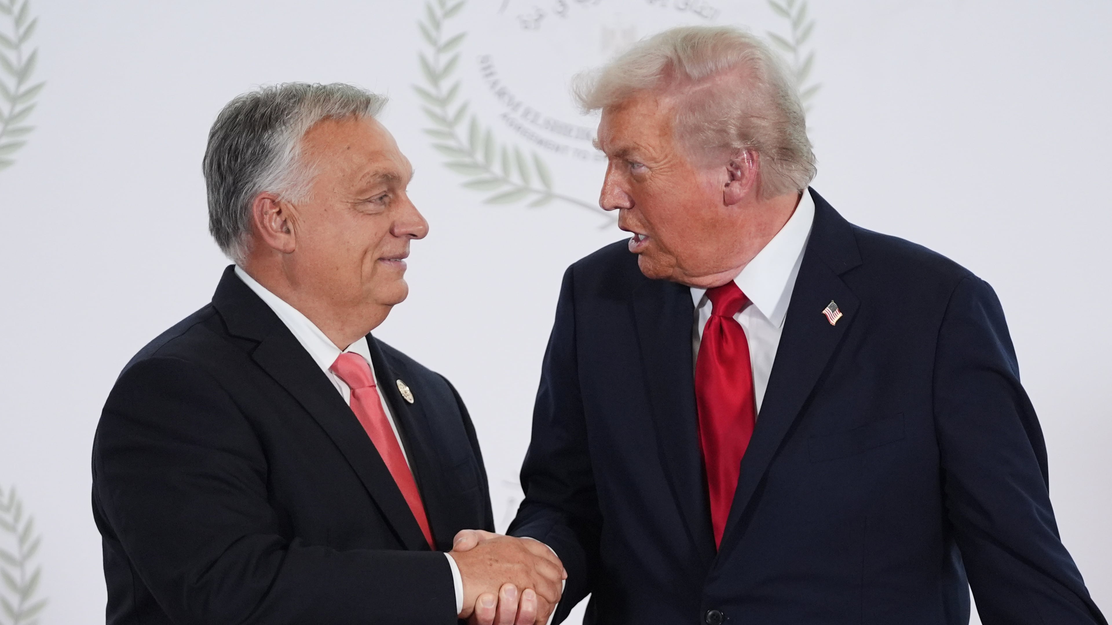 President Donald Trump greets Hungary's Prime Minister Viktor Orban during a summit to support ending the more than two-year Israel-Hamas war in Gaza after a breakthrough ceasefire deal, Monday, Oct. 13, 2025, in Sharm El Sheikh, Egypt. (AP Photo/Evan Vucci, Pool)