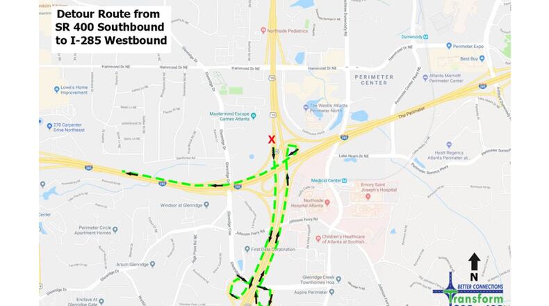 Map depicts the recommended detour when the ramp from southbound Ga. 400 to westbound I-285 is closed. GEORGIA DEPARTMENT OF TRANSPORTATION