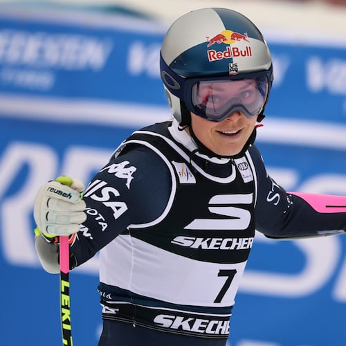 United States' Lindsey Vonn celebrates at the finish area of an alpine ski, women's World Cup Super G, in Tarvisio, Italy, Sunday, Jan. 18, 2026. (AP Photo/Marco Trovati)