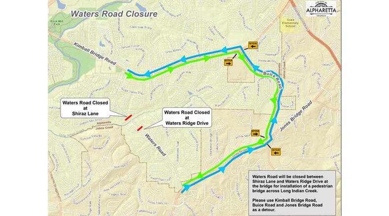 Map depicts where Waters Road in Alpharetta is to be closed to through traffic, and the recommended detour, Wednesday, Oct. 14, as crews install a new pedestrian bridge over Long Indian Creek.