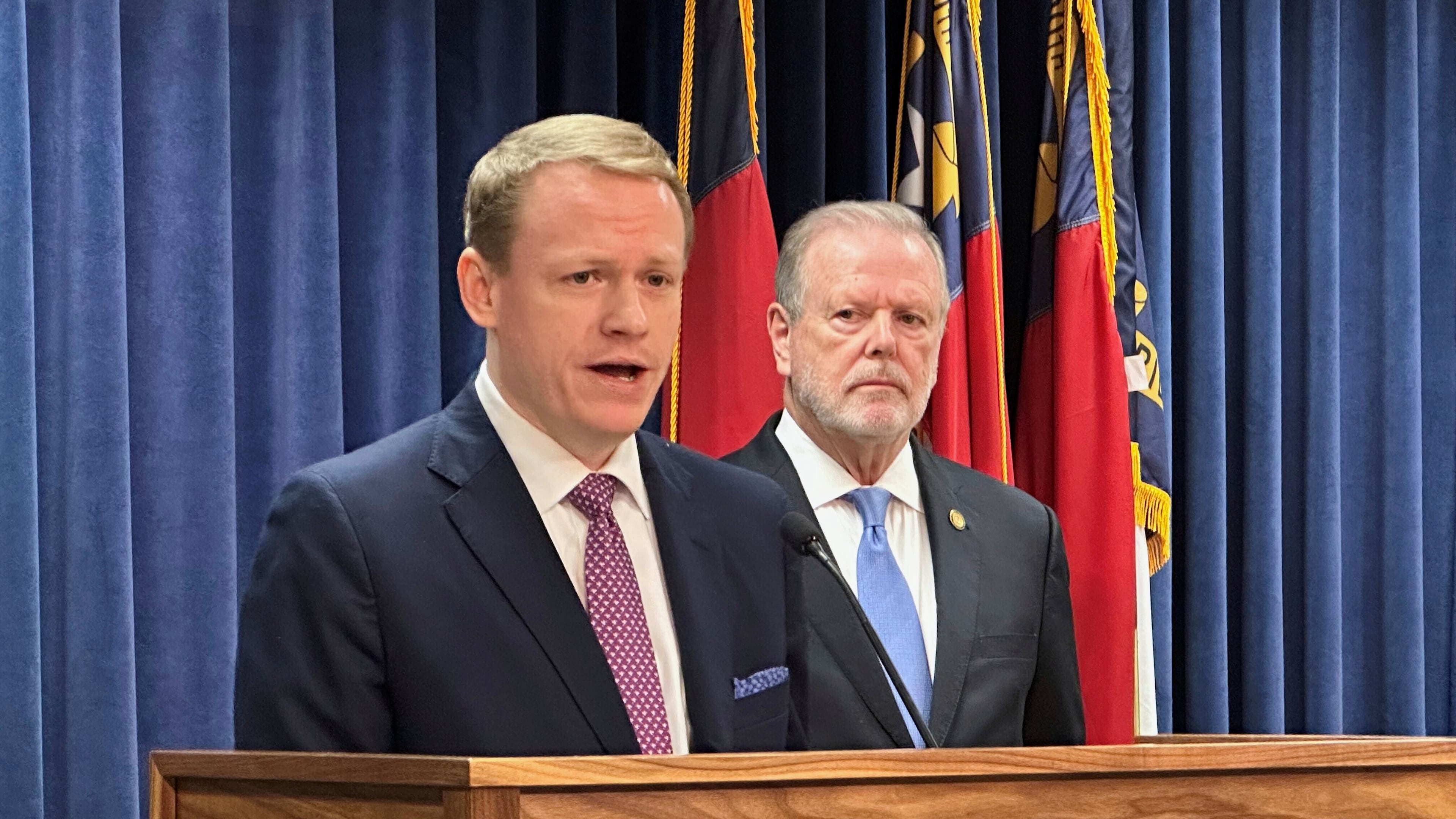 FILE - North Carolina state House Speaker Destin Hall, R-Caldwell, left, speaks while state Senate leader Phil Berger, R-Rockingham, listens during a news conference at the North Carolina Legislative Building in Raleigh, N.C., Sept. 11, 2025 (AP Photo/Gary D. Robertson, File)