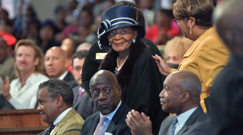 Christine King Farris, sister of the Rev. Martin Luther King Jr., is escorted to her seat during the morning service at Ebenezer Baptist Church on Sunday, December 30, 2018. Her brother and their father served as pastors at Ebenezer. (Photo: HYOSUB SHIN / HSHIN@AJC.COM)