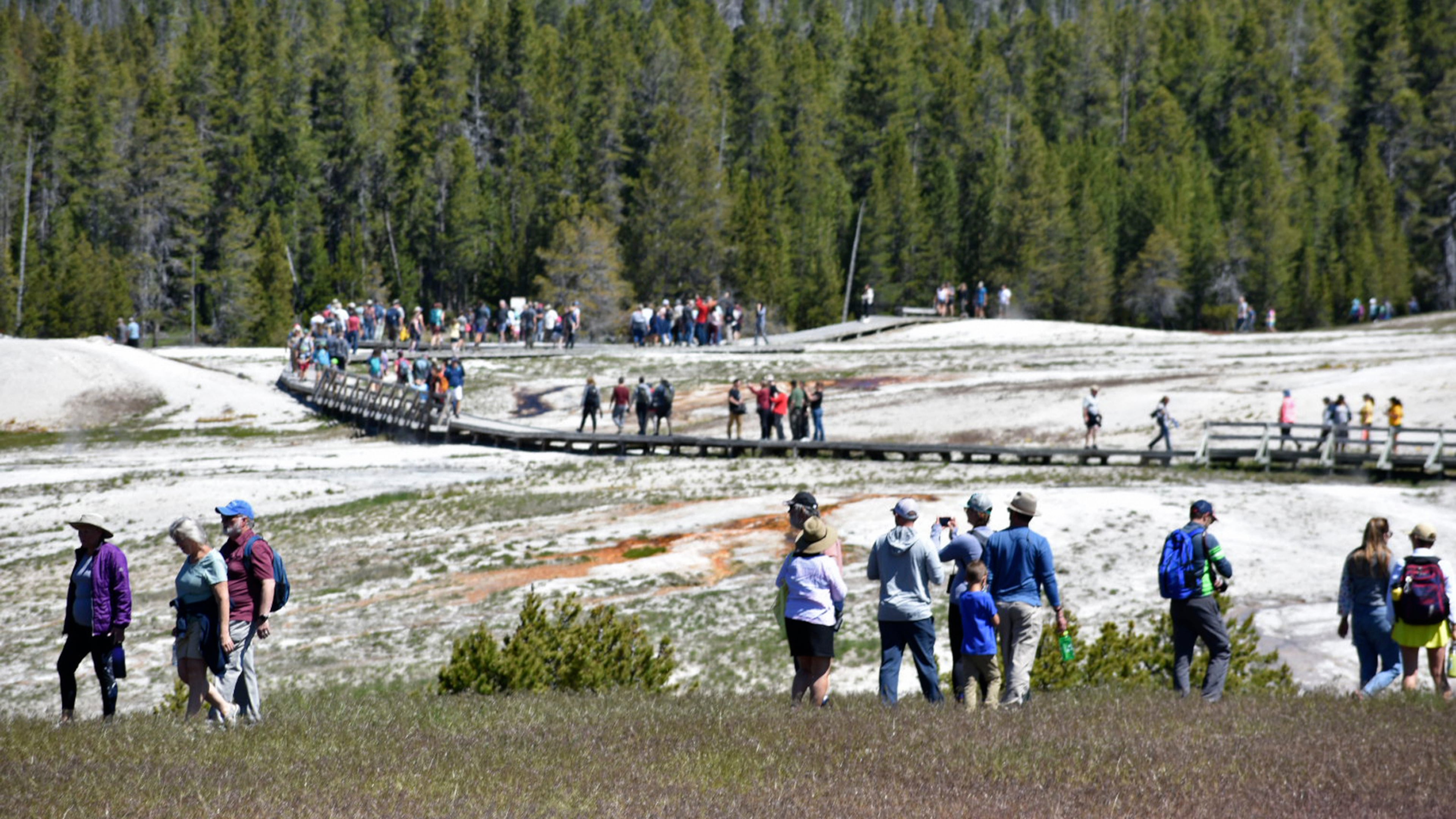 FILE - Tourists walk along a boardwalk in Upper Geyser Basin on June 22, 2022, in Yellowstone National Park, Wyo. (AP Photo/Matthew Brown, File)