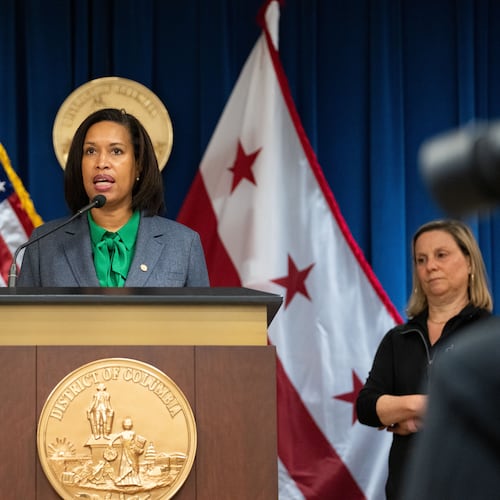 District of Columbia Mayor Muriel Bowser speaks at a news conference ahead of severe storms that are expected to impact Washington in the afternoon on Monday, March 16, 2026, in Washington. (AP Photo/Allison Robbert)