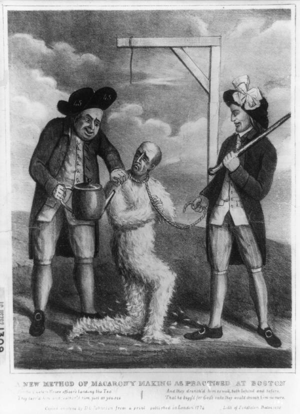 The tarring and feathering of English loyalists was a popular form of protest in the American colonies in the 1770s. At least two Georgians were subjected to the pain and humiliation of the act: Savannah riverboat pilot John Hopkins and Augusta's Thomas Brown. Once war broke out, Brown led a loyalist militia that helped the redcoats retake the colony from Patriot control. (Library of Congress Prints and Photographs Division)
