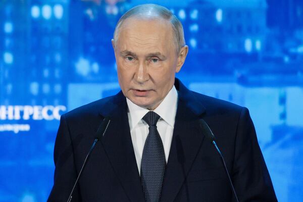 Russian President Vladimir Putin speaks at the plenary session of the International Arctic Forum in Murmansk, Russia, Thursday, March 27, 2025. (Gavriil Grigorov, Sputnik, Kremlin Pool Photo via AP)