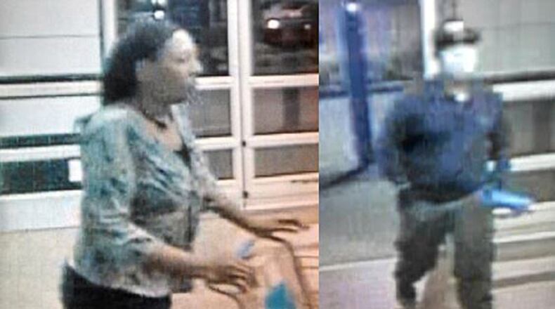 Surveillance cameras captured these images of a woman and man sought by the Forsyth County Sheriff’s Office in connection with an armed robbery at the Walmart store on Peachtree Parkway on Oct. 7, 2015.