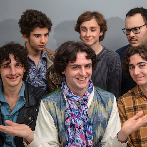 Timothee Chalamet look-alikes Zander Dueve, front row from left, Christian Conti and Dempsey Bobbitt, and back row from left, Vincent Panetta, Spencer Delorenzo and David Arkay, pose for a portrait in New York on April 11, 2025. (Photo by Andy Kropa/Invision/AP)